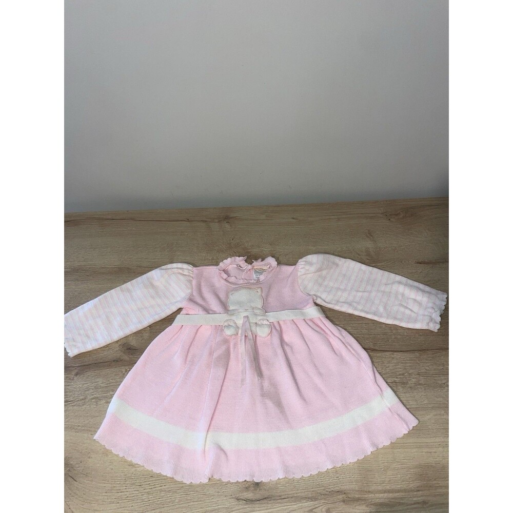 Vintage Friemanit Pink Knit Baby Dress 24M Bear Motif